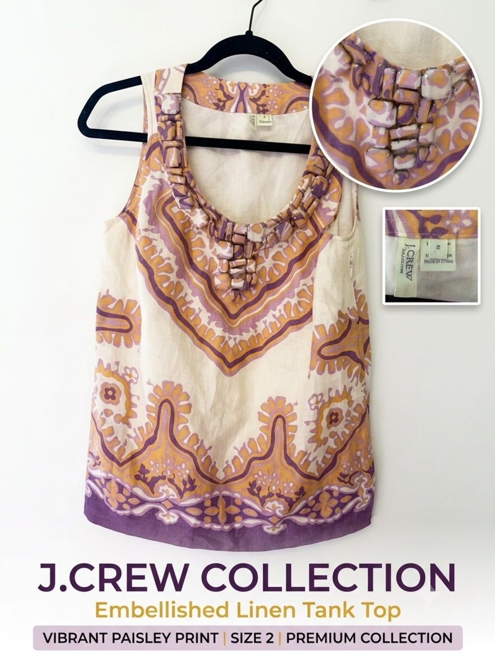 J. Crew Embellished Linen Tank - Cream, Purple & Gold Paisley